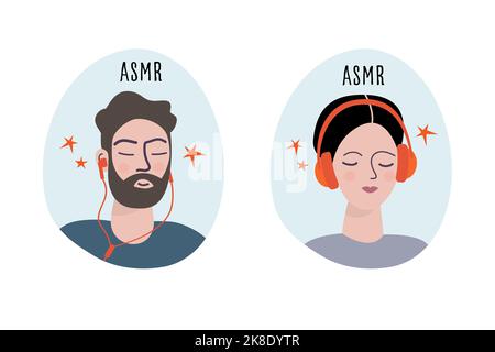 Listening to ASMR. Set of two illustrations. People with earphones. Stock Vector
