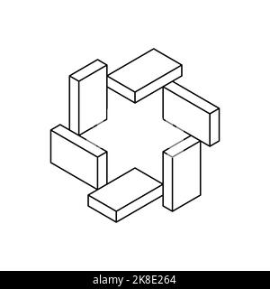 Geometric object made of rectangles around a star. Impossible shape line icon. Bricks or blocks unique isometric projection. Penrose Esher figure. Stock Vector