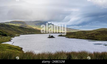 Loch Fada, Old Man of Storr in the mist, Trotternish, Isle of Skye, Scotland, United Kingdom Stock Photo