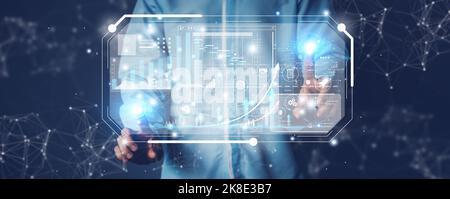 Big data concept. Businessman hand touch hologram screen technology. AI (Artificial intelligence) concept. Business technology link digital marketing. Stock Photo
