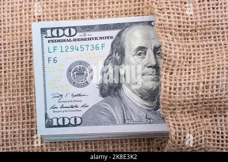 Close up of Benjamin Franklin face on 100 US dollar bill Stock Photo