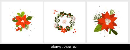 Christmas watercolor of bouquet berries and green leaves arrangings set. Hand-painted watercolor elements suitable for decorative Christmas festival Stock Vector