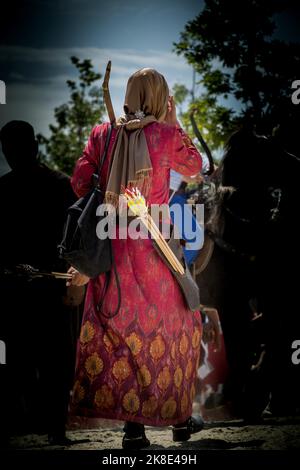 Old style wooden arrows in the case of an archer Stock Photo