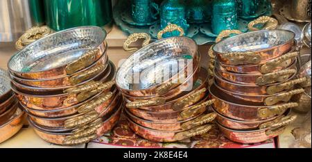 Set of new metal pans as cookware Stock Photo