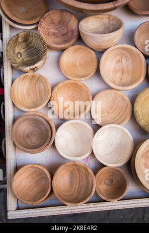 Empty bowls made of wood of brown color Stock Photo