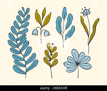 Set doodle coloring flower twigs hand drawn, contour, isolated. Vector illustration Stock Vector