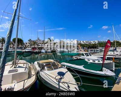 Boats in Cala Llonga Harbour, Cala d'Or, Mallorca, Majorca, Balearic Islands, Spain Stock Photo