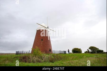 Walker passes the Halnaker Windmill in Autumn on the South Downs near Chichester West Sussex England UK Stock Photo