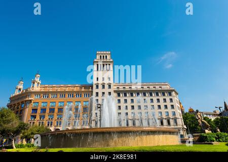 Catalunya square (Placa de Catalunya or Plaza de Cataluna) is a large square in central Barcelona that is generally considered to city center. Spain. Stock Photo