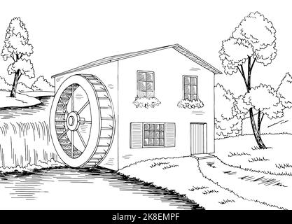 Water mill graphic black white landscape illustration vector Stock Vector