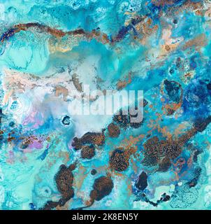 Abstract painting background, creative artwork in gold blue tone. Paint splashes on canvas texture. Acrylic liquid modern trendy painting. Spots and Stock Photo