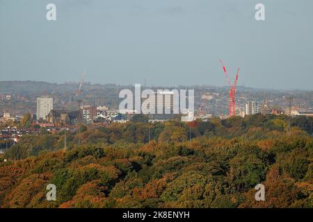 A section of Leeds City Skyline with The Pinnacle building & Leeds Town Hall clock tower & Park Plaza Hotel Stock Photo