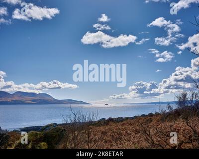 South from, the B8001 by Skipness, the ferry from Claonaig to Lochranza crosses the Kilbrannan Sound. Tarbert, Argyll and Bute. Scotland Stock Photo