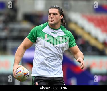 Liam Byrne of Ireland during pre match warm up ahead of the Rugby League World Cup 2021 match Ireland vs Lebanon at Leigh Sports Village, Leigh, United Kingdom, 23rd October 2022  (Photo by Craig Thomas/News Images) Stock Photo