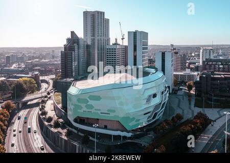 FIRST DIRECT ARENA, LEEDS, UK - OCTOBER 13, 2022.  An aerial view of The First Direct Arena in the Arena Quarter in a Leeds cityscape skyline Stock Photo