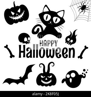 Halloween silhouettes on a white background, happy holiday, skulls, cats, ghosts Stock Vector