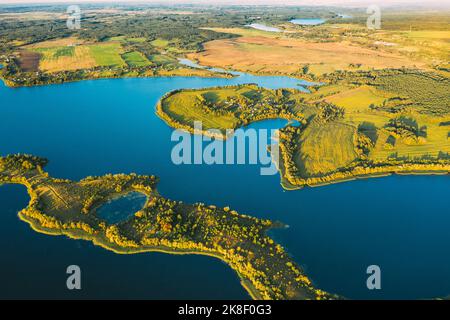 Lyepyel District, Lepel Lake, Beloozerny District, Vitebsk Region. Aerial View Of Residential Area With Houses In Countryside. Top View Of European Stock Photo