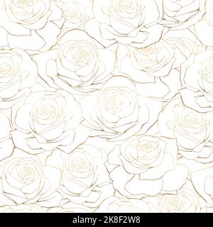 Vector seamless pattern. Golden wire outline rose flowers on white background Stock Vector