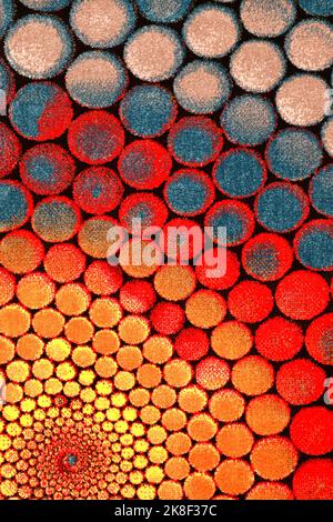 Soft carpet with bright patterns, background. Fluffy rug, interior element, flooring, carpet with geometric round pattern Stock Photo