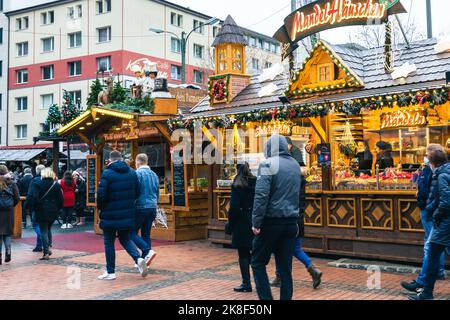 Christmas decorations on the market in Dortmund, Germany. Stock Photo