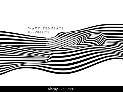 Abstract black and white op art lines pattern swirl wavy decorative template. Artwork design isolated background. Illustration Stock Vector