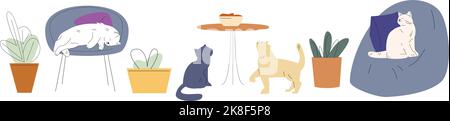 Cats sleep and sitting on chair, waiting food. Different vector cats characters. Cute flat pets, chairs and home plants. Animal cartoon elements Stock Vector