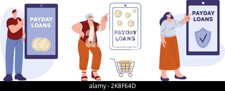 Payday Loans online vector scene. Smart loan on smartphone, quickly money for life, shopping or restaurant. People financial support Stock Vector