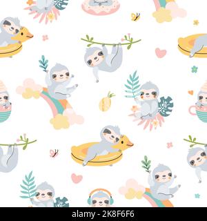 Lazy cartoon sloth seamless pattern. Sloths textile prints, sleeping exotic wild animal. Cute childish nowaday characters on rainbow and tree, vector Stock Vector