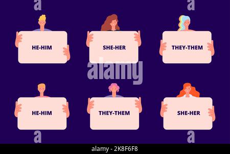 People id pronoun, gender millennials self identifications. Non binary person, different genders. Transgender characters rights, various human vector Stock Vector