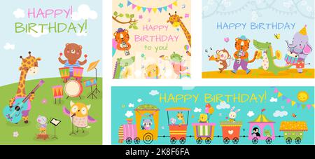 Happy birthday cards with cartoon animals. Africa zoo, tiger and giraffe play music and travel with tram. Party childish pets, nowaday vector Stock Vector