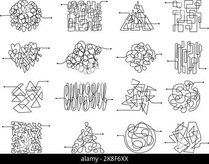 Tangled lines clipart. Chaos graphic ball, entanglement confusion abstract elements. Mess scribbl simple thread. Chaotic confused decent vector Stock Vector