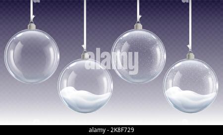 Realistic glass christmas balls hanging on ribbons. Winter crystal xmas bubble. Home decoration 3d elements with snow and snowfall, pithy vector set Stock Vector