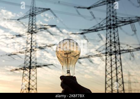 Woman's hand holding light bulb in front of electricity pylons Stock Photo