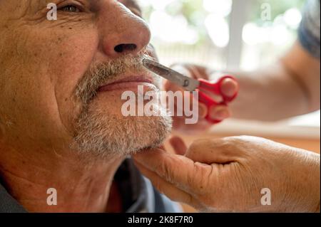 Hands of senior woman cutting man's mustache Stock Photo