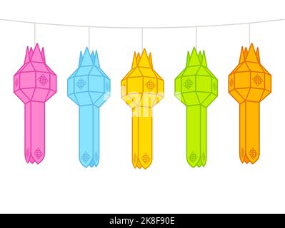Traditional Thai paper lanterns for Yi Peng or Loy Krathong festival. Hanging lanterns of different colors. Vector illustration. Stock Vector