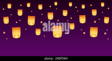 Floating sky lanterns at night. Chinese or Thai lantern festival celebration. Vector design illustration. Stock Vector
