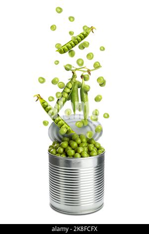 Open tin can with falling tasty green peas on white background Stock Photo