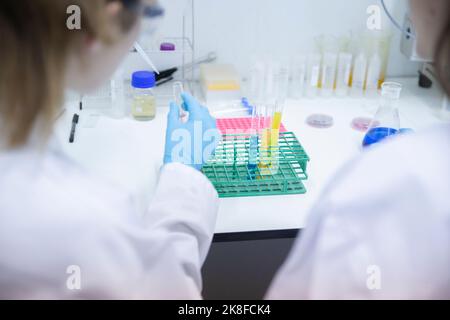 Scientist using pipette by coworker in laboratory Stock Photo