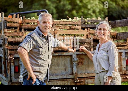 Smiling mature farmers in front of truck with crate of grapes Stock Photo