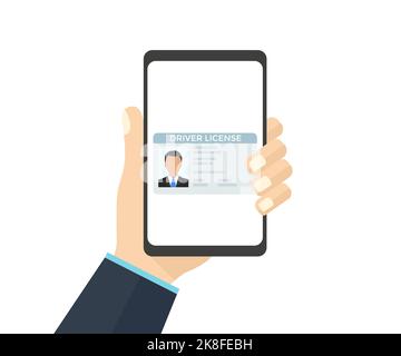 Digital driver license on smartphone, phone screen logo design. license form online on website, app, using smartphone vector design and illustration. Stock Vector