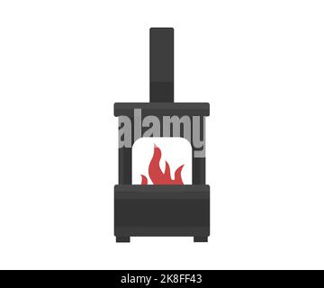 Iron potbelly stove for heating the apartment logo design. Old stove with chimney, antique cast iron stove with flames at the viewing window, plus. Stock Vector