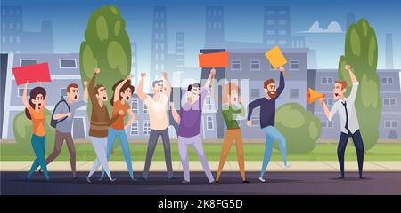 Protested background. Crowd with protested banners screaming and aggresive moving in city strike exact vector templates Stock Vector