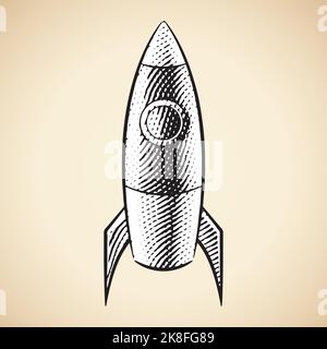 Scratchboard Engraved Illustration of a Rocket with White Fill isolated on a Beige Background Stock Vector