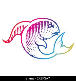 Illustration of Scratchboard Engraved Fish in Rainbow Colors isolated on a White Background Stock Vector