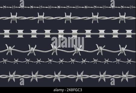 Barbed wire. Realistic template of different types of steel barrier for prisons decent vector set Stock Vector