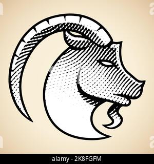 Illustration of Scratchboard Engraved Goat with White Fill isolated on a Beige Background Stock Vector