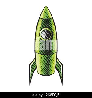 Scratchboard Engraved Illustration of a Rocket with Green Fill isolated on a White Background Stock Vector