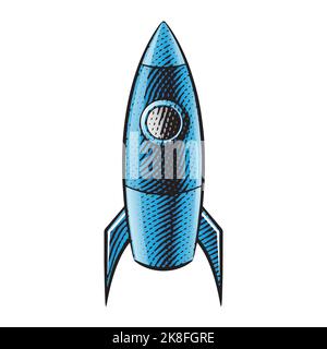 Scratchboard Engraved Illustration of a Rocket with Blue Fill isolated on a White Background Stock Vector
