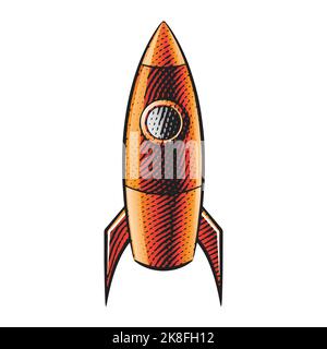 Scratchboard Engraved Illustration of a Rocket with Orange Fill isolated on a White Background Stock Vector