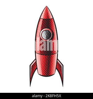 Scratchboard Engraved Illustration of a Rocket with Red Fill isolated on a White Background Stock Vector